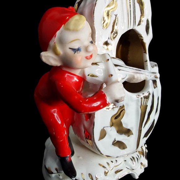 Vtg 1956 Lipper & Mann Red Pixie Elf Playing Violin Cello Musical Figurine Japan - Picture 9 of 13